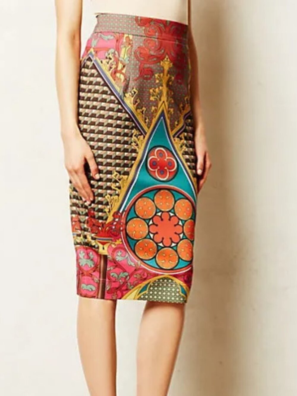Pankaj & Nidhi Anthropologie Multicolor Baroque Print Pencil Midi Skirt | XS